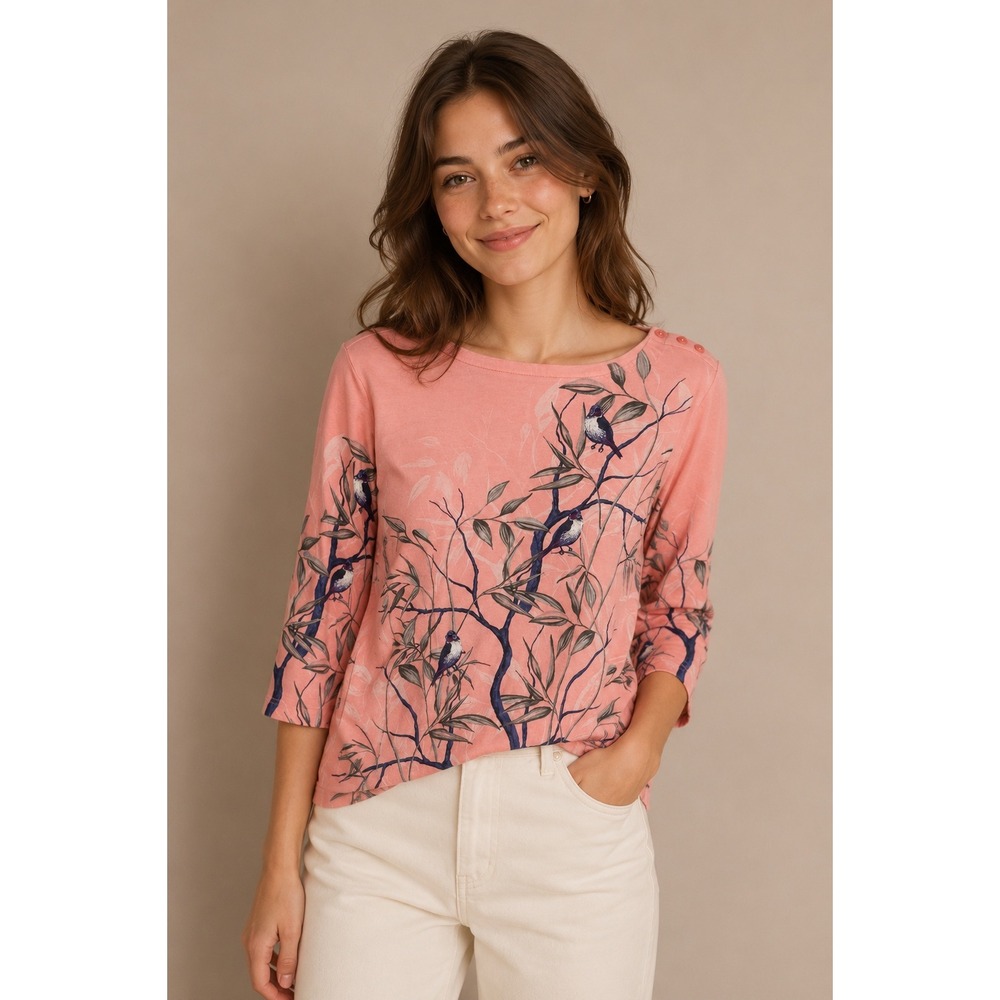 Charter Club Top L Pink Pima Cotton Bird Print 3/4 Sleeve Boatneck